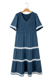 Plus Size Slate Blue V-Neck Swiss Dot Lace Detail Flared Midi Dress with Pockets