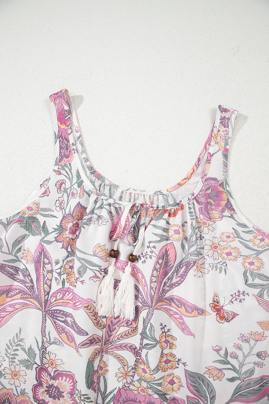 Pink and Lavender Bohemian Floral Tassel Tie V-Neck Mini Dress with Pockets