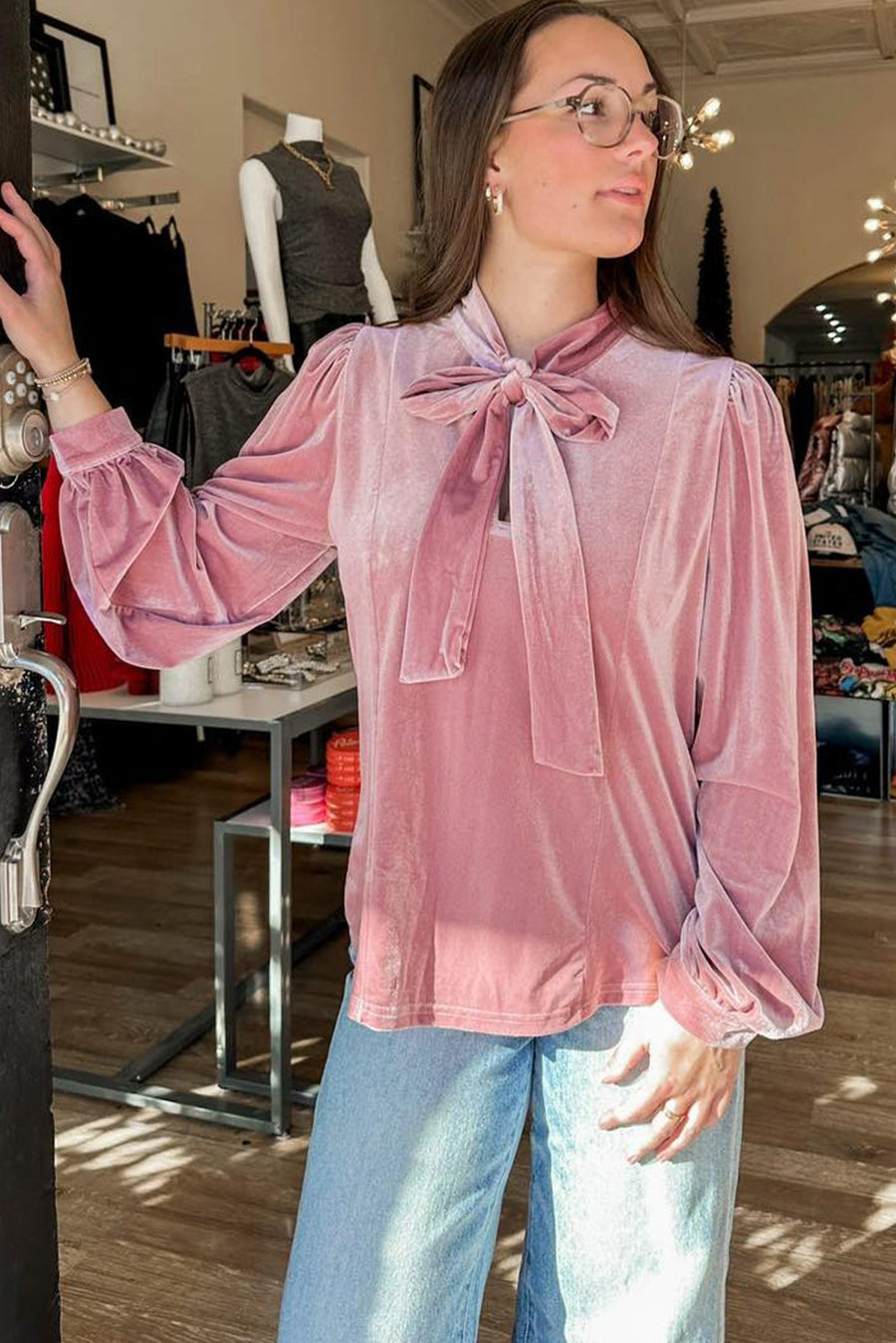 Dusty Pink Velvet Long Sleeve Bow Neck Blouse
