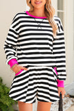 Striped Contrast Trim Long Sleeve Top and Shorts Set- 2 Colors