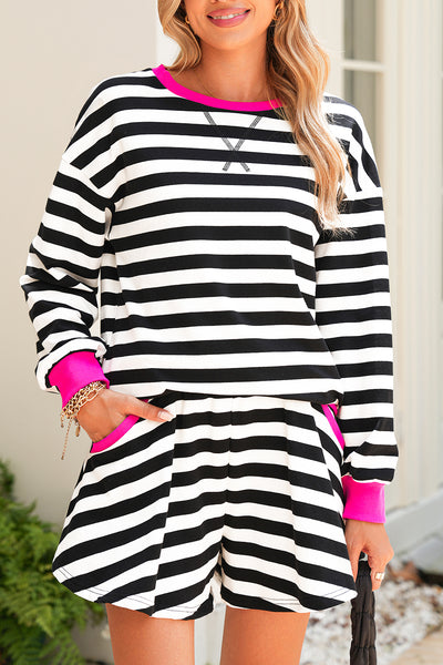 Black Stripe Contrast Trim Long Sleeve Top and Shorts Set