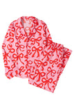 Pink All Over Bow Print Long Sleeve Button-Up Top and Pants Pajama Set