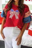 Red American Sequin Bow Contrast Puff Sleeve Blouse