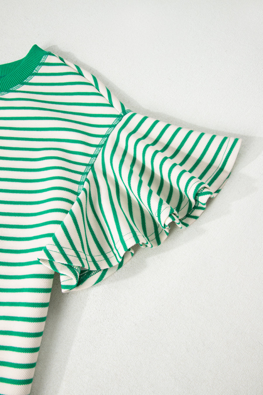 Striped Ruffle Sleeve Crew Neck T-Shirt- 3 Colors