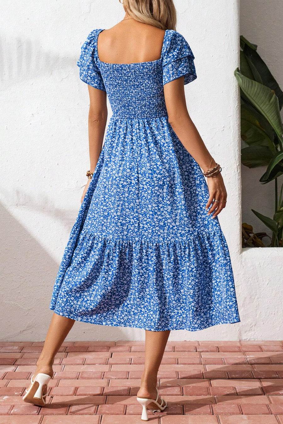 Floral Print Smocked Ruffle Sleeves Dress B