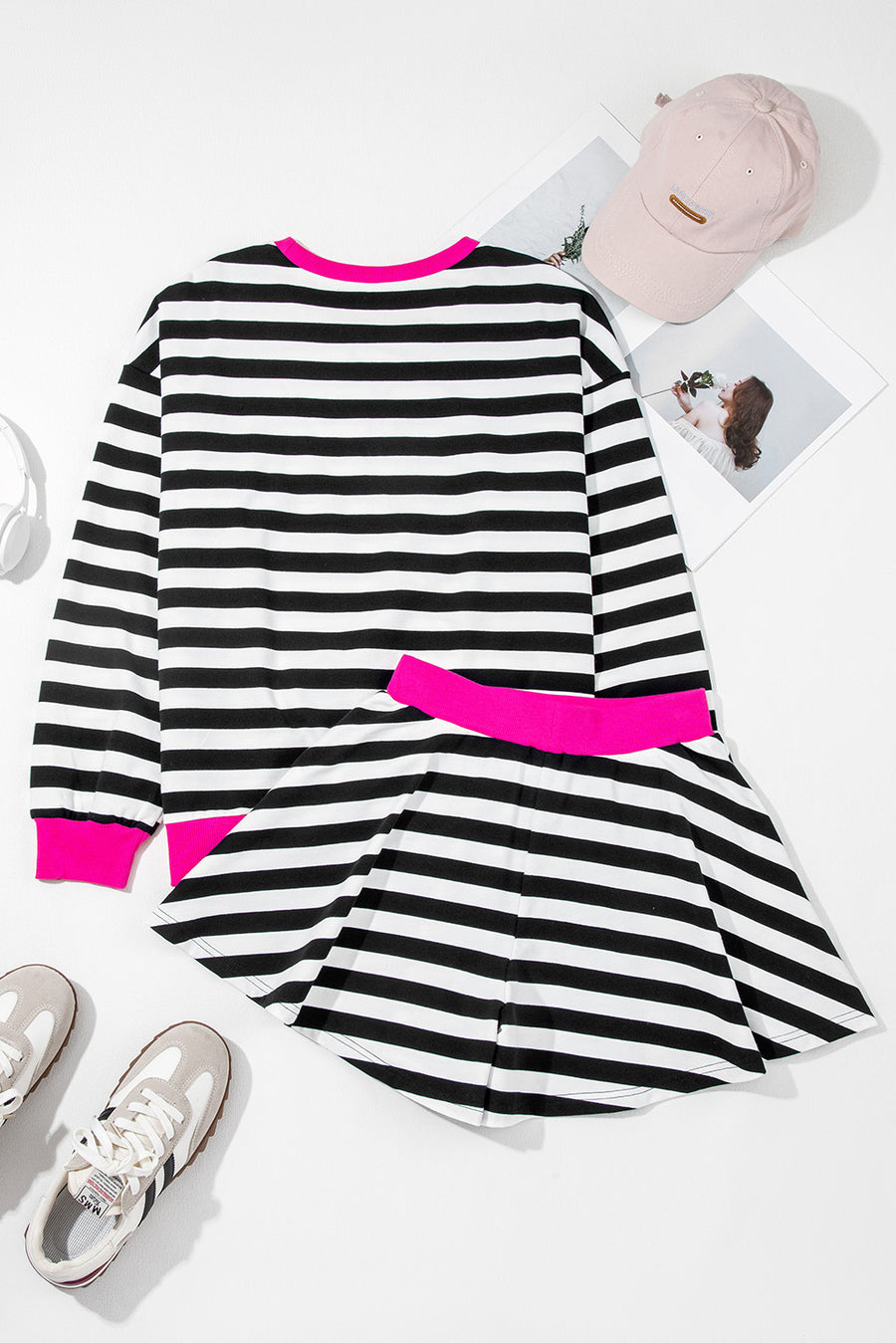 Striped Contrast Trim Long Sleeve Top and Shorts Set- 2 Colors