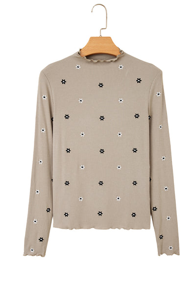 Jet Stream Floral Embroidered Detail Ribbed Long Sleeve Top