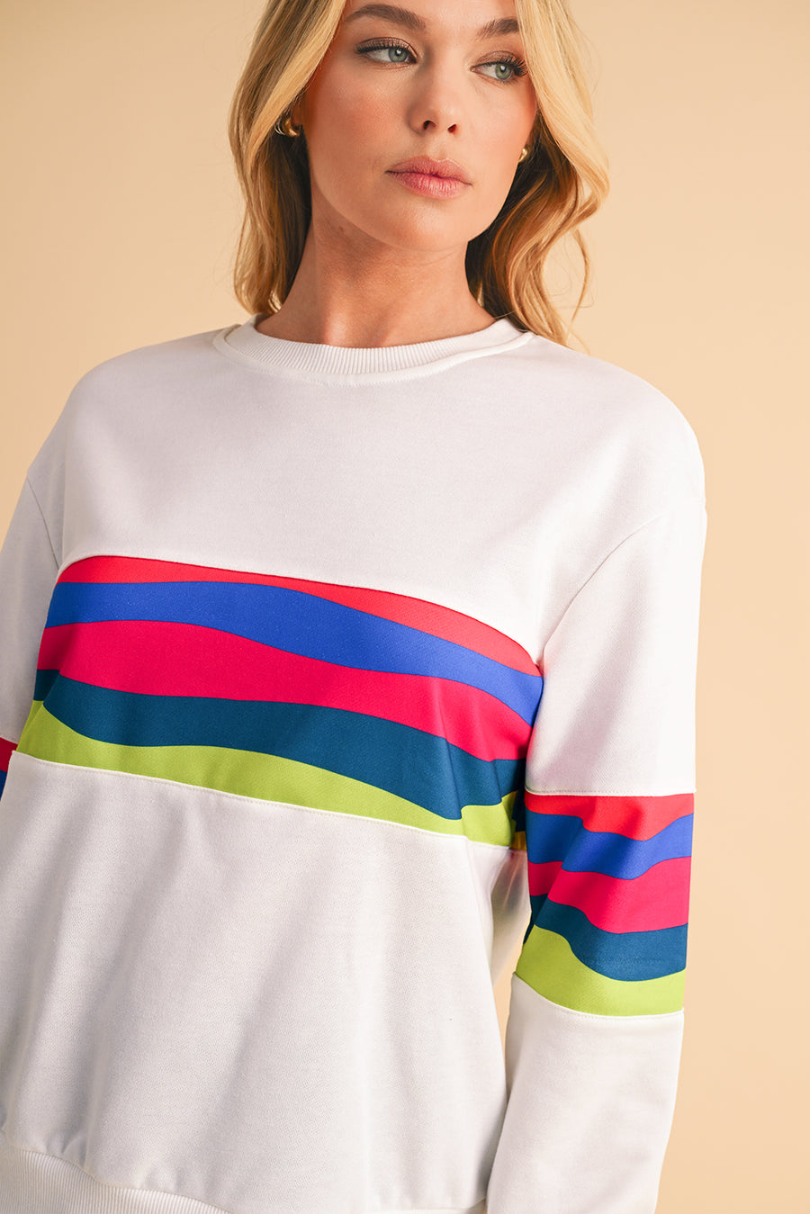Green Multicolored Wavy Striped Crew Neck Long Sleeve Top- 2 Colors