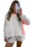 Light Grey & Pink Color Block Raw Hem Pullover Sweatshirt and Shorts Set