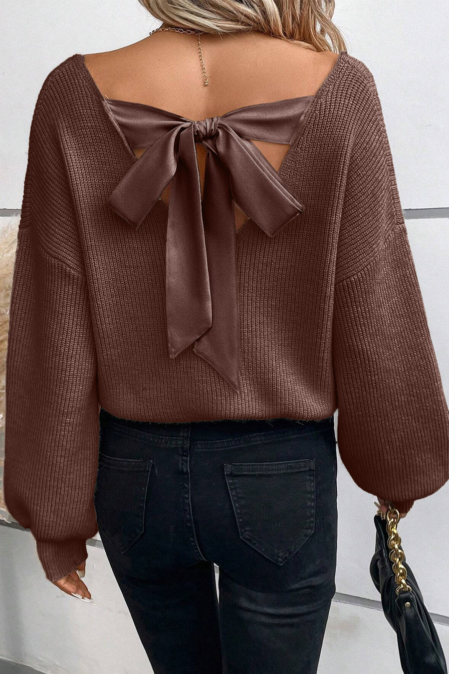 Lantern Sleeve V-Neck Bow Back Sweater- 4 Colors