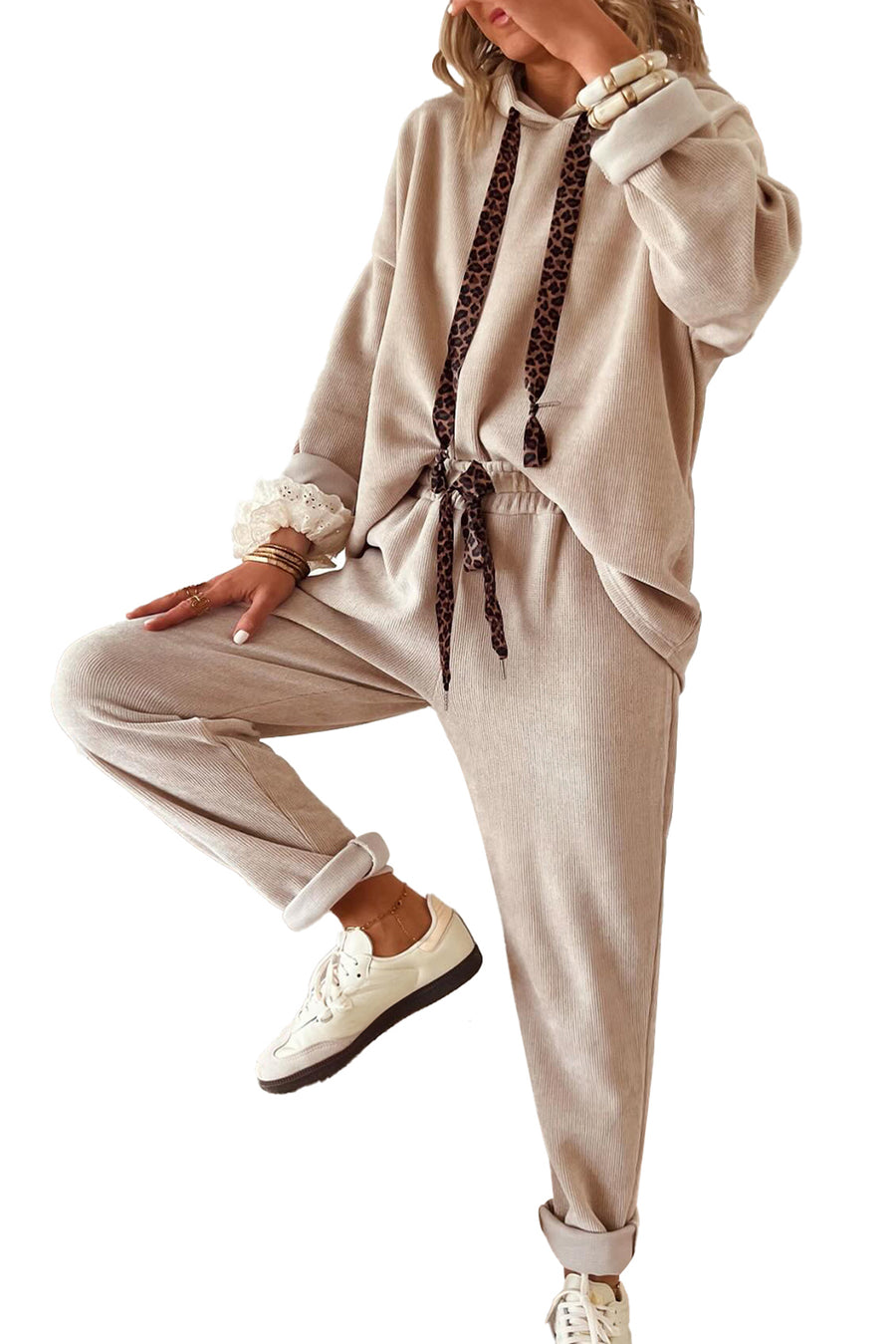 Contrast Drawstring Hoodie and High Waist Pants Corduroy Set- 5 Colors