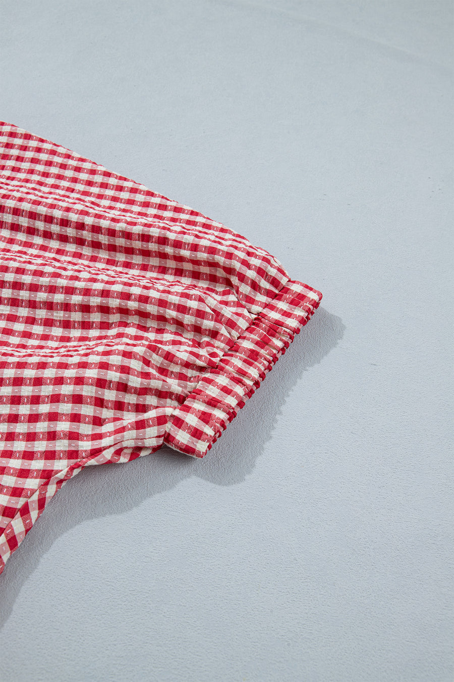 Gingham Short Sleeve Color Block Trim Split Neck Blouse- 2 Colors