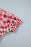 Gingham Short Sleeve Color Block Trim Split Neck Blouse- 2 Colors