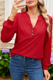 Button-Up V-Neck Long Sleeve Top- 3 Colors