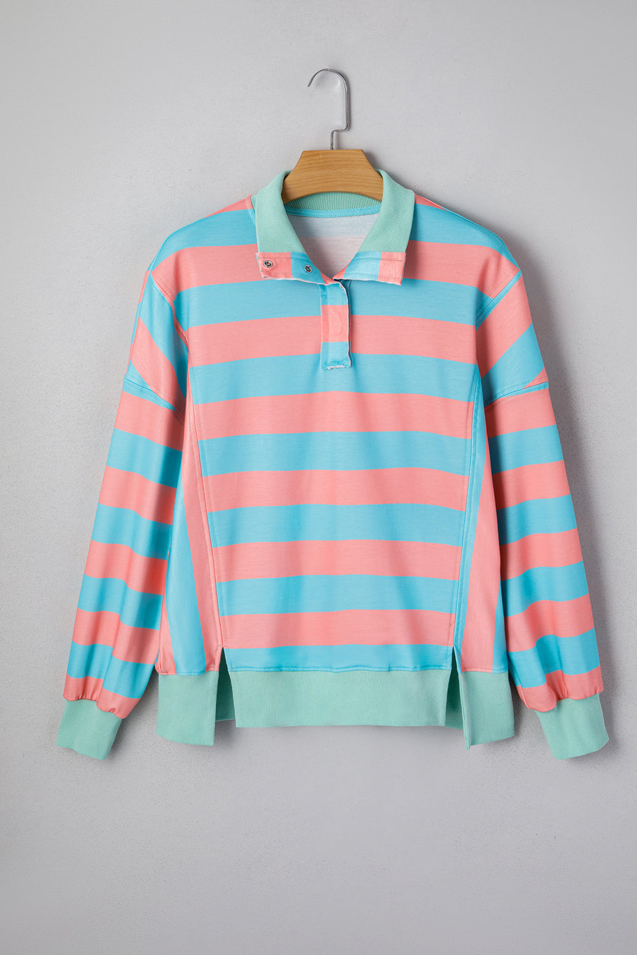 Coral & Turquoise Striped Drop Shoulder Button Collar Side Slit Long Sleeve Shirt