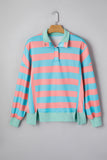 Coral & Turquoise Striped Drop Shoulder Button Collar Side Slit Long Sleeve Shirt