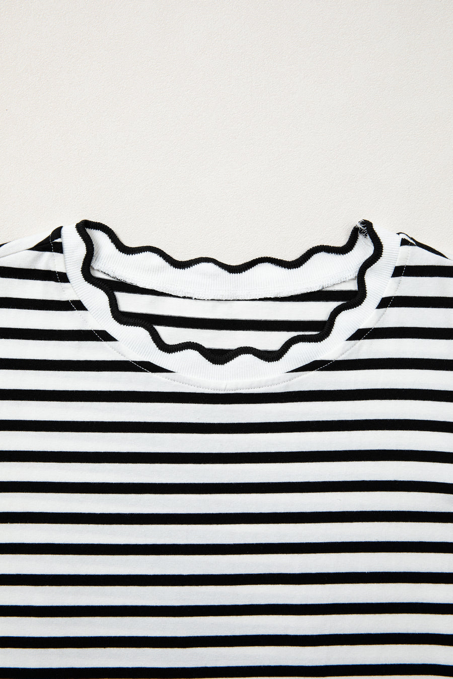 Striped Scalloped Trim Crew Neck Short Sleeve T-Shirt- 5 Colors