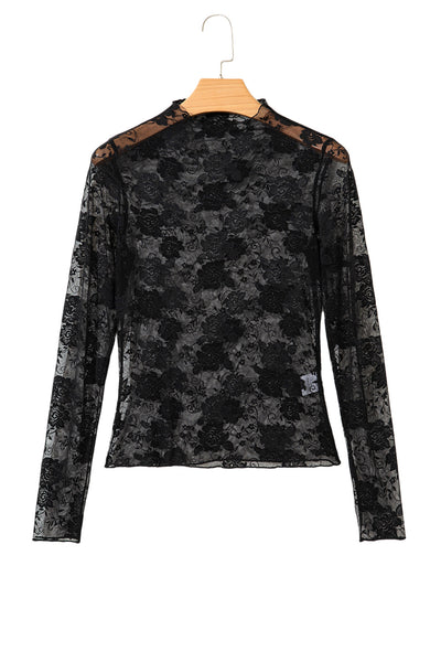 Mock Neck Floral Lace Mesh Long Sleeve Top- 2 Colors