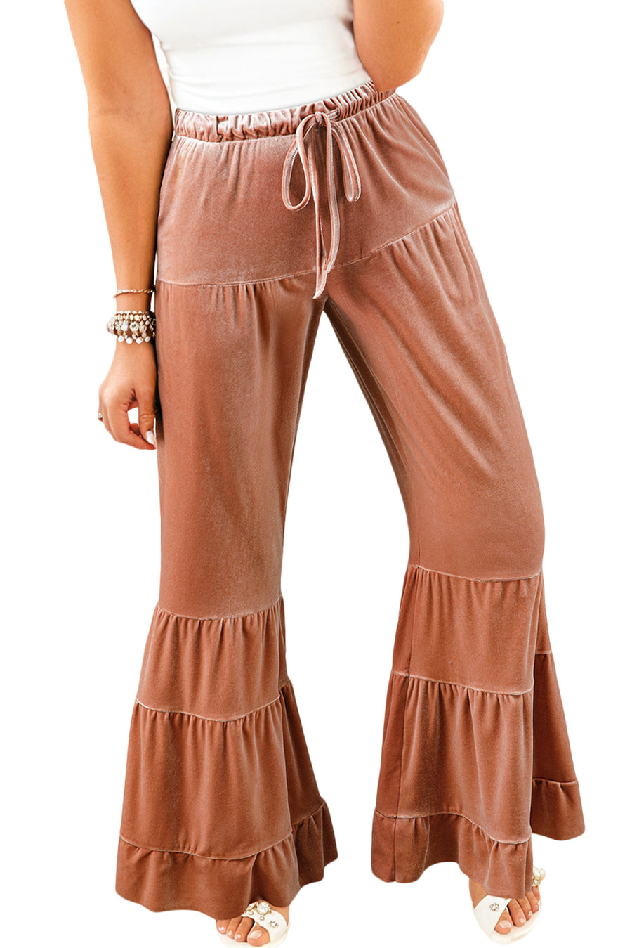 Straw Yellow Velvet Mineral Wash Tiered Flare Leg Pants