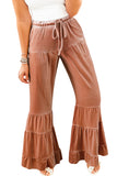 Straw Yellow Velvet Mineral Wash Tiered Flare Leg Pants