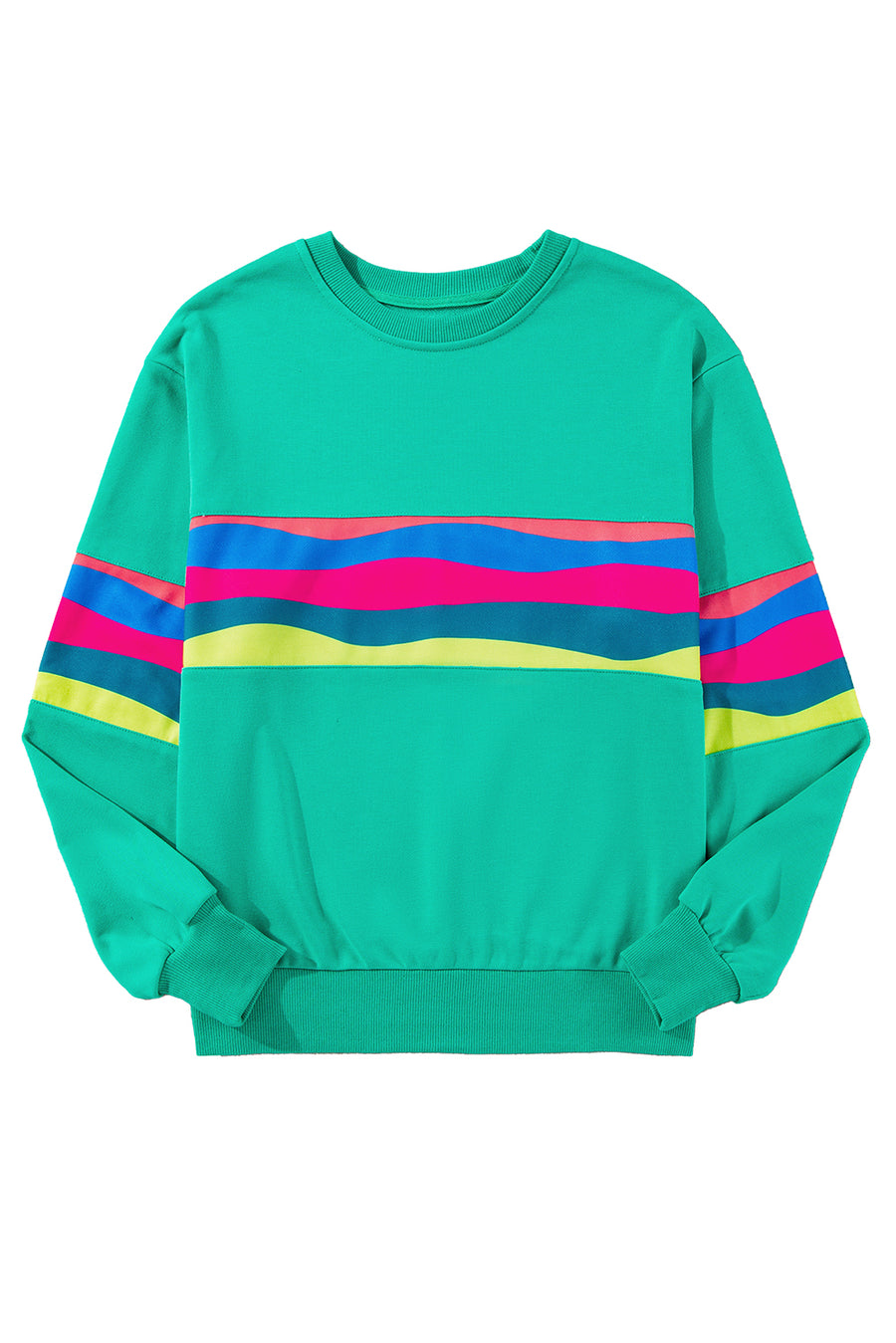 Green Multicolored Wavy Striped Crew Neck Long Sleeve Top- 2 Colors