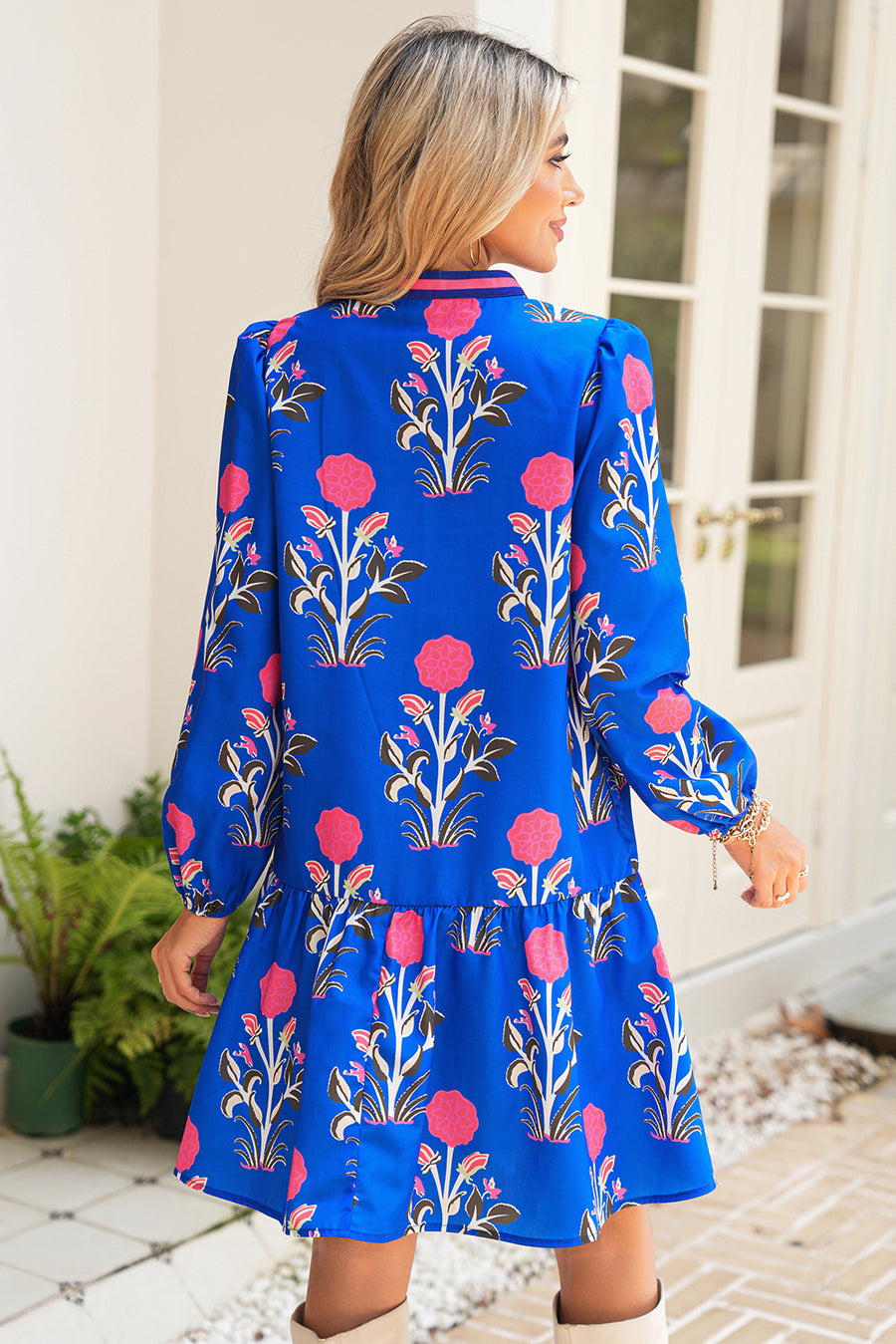 Floral Ruffle Hem Contrast Trim Neckline Mini Dress- 2 Colors
