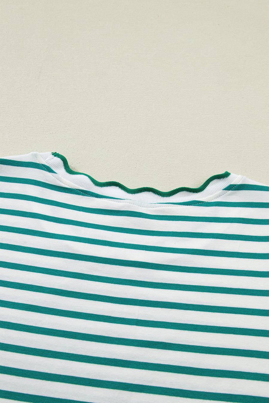 Striped Scalloped Trim Crew Neck Short Sleeve T-Shirt- 5 Colors