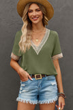 Green Lace Trim V Neck Short Sleeve Blouse