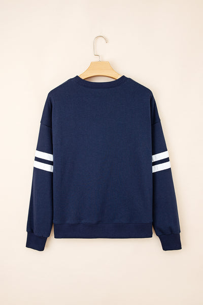 Navy Blue Preppy Striped Sleeve Loose Sweatshirt