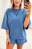 Striped Ribbed Short Sleeve T-Shirt and Shorts Set- 3 Colors