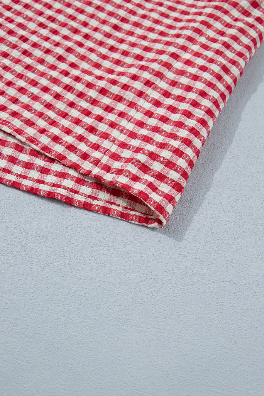 Gingham Short Sleeve Color Block Trim Split Neck Blouse- 2 Colors