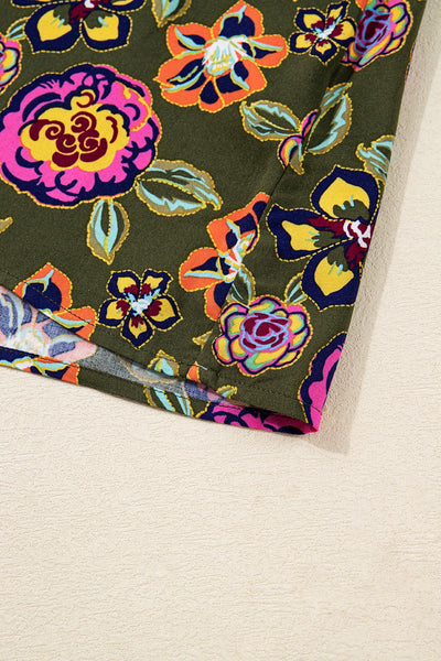 Green Floral Print Split Neck Bubble Sleeve Mini Dress