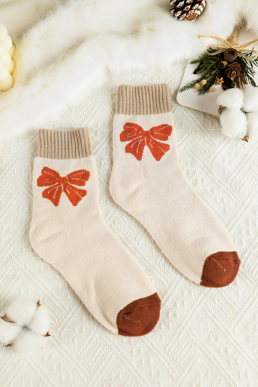 Khaki Bow Print Color Block Knit Crew Socks