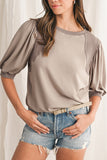 Mocha Bishop Sleeve Contrast Trim Crew Neck Blouse