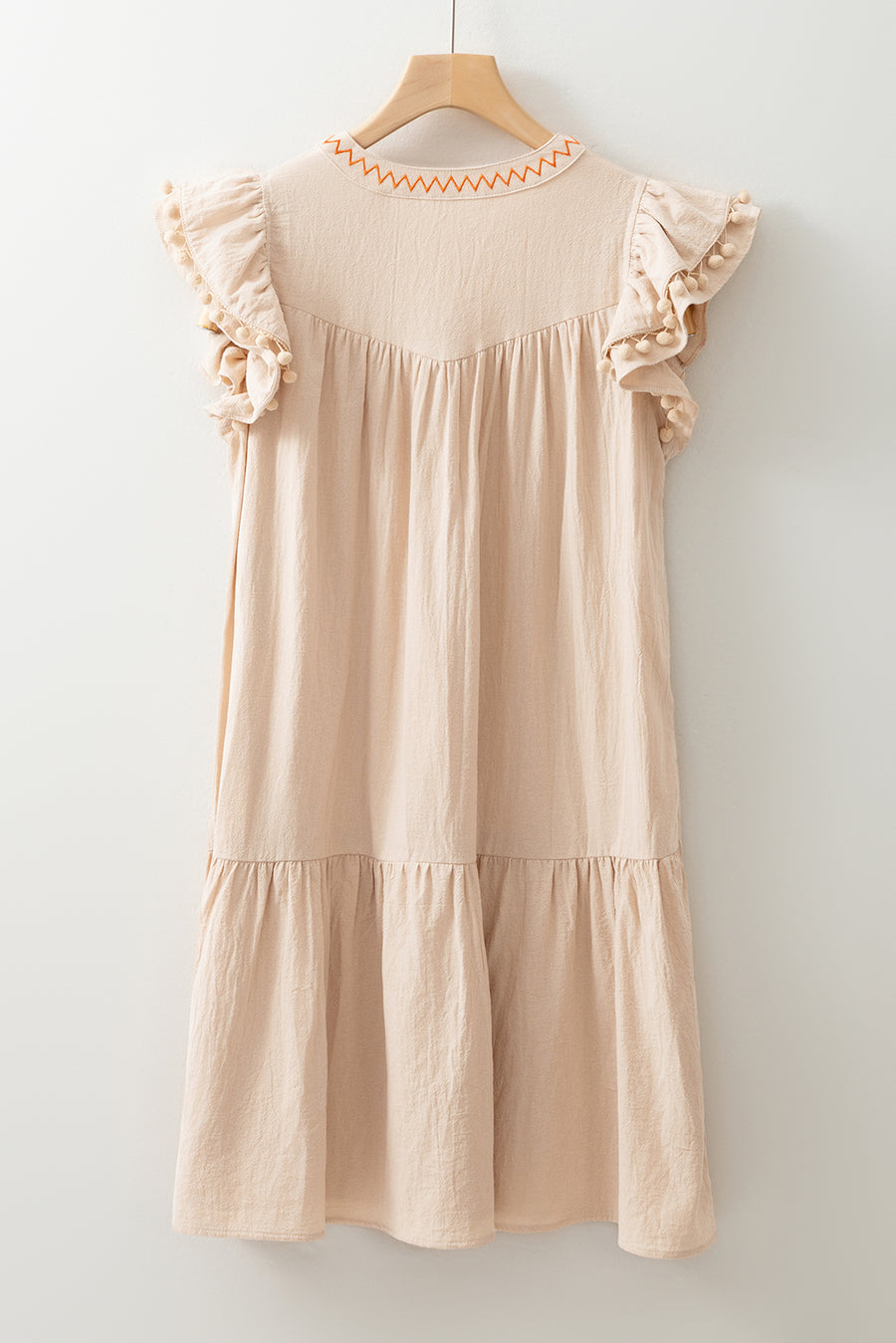 Jet Stream Linen Embroidered Notch Neck Pom Pom Ruffle Sleeve Mini Dress