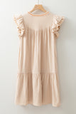 Jet Stream Linen Embroidered Notch Neck Pom Pom Ruffle Sleeve Mini Dress