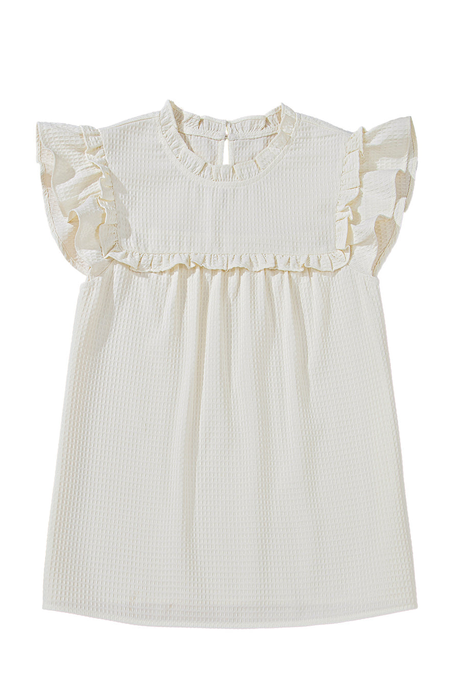 White Ruffle Trim Waffle Textured Short Sleeve Blouse