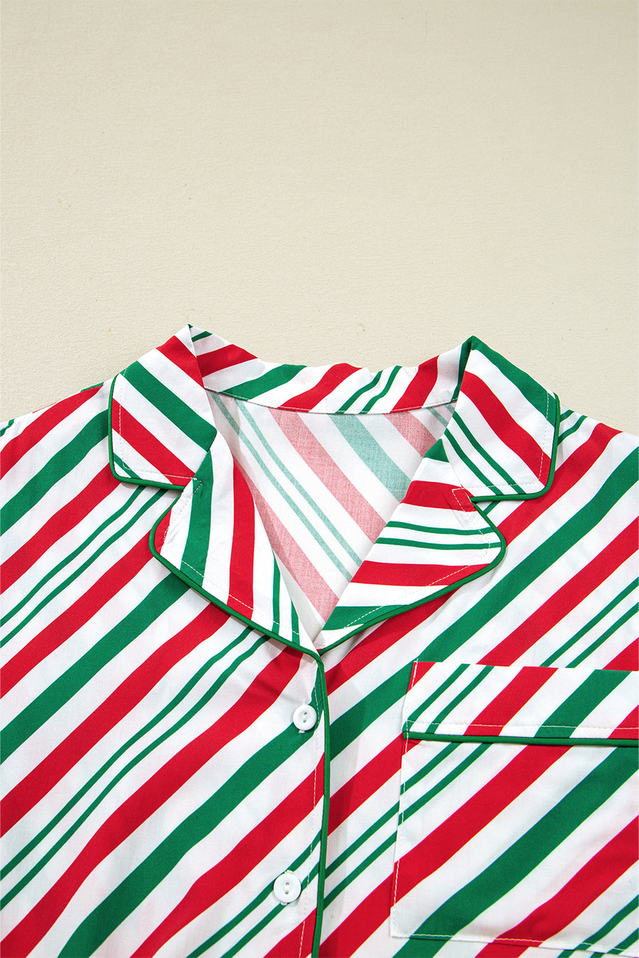 Green Striped Velvet Ribbon Trim Pajama Set