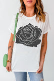 White with Black Rose Graphic Crew Neck T-Shirt