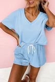 V-Neck Drop Shoulder T-Shirt and Patchwork Shorts Set- 3 Colors