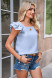 Textured Bow Frilled Ruffle Sleeve Blouse- Light Blue