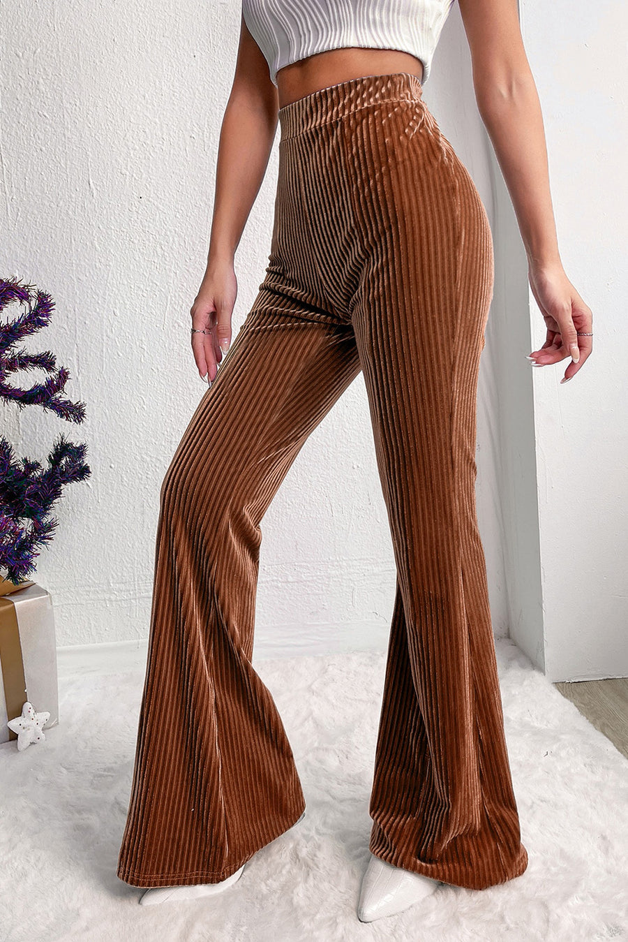 Chestnut High-Waist Corduroy Flare Pants