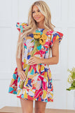 Abstract Print Flutter Sleeve Tiered Mini Dress