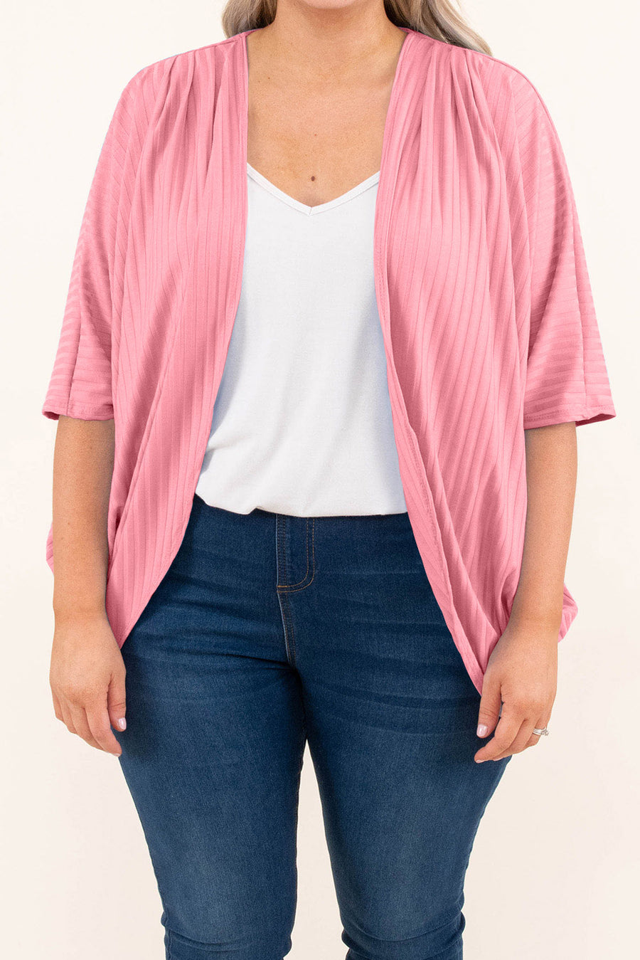 Plus Size Pink Shimmer Ribbed Texture Cardigan