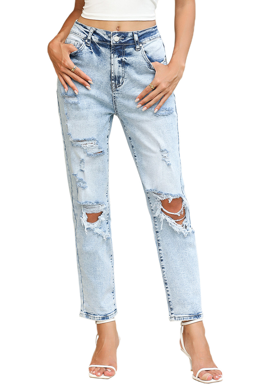 Light Wash Frayed Slim Fit High-Waist Jeans