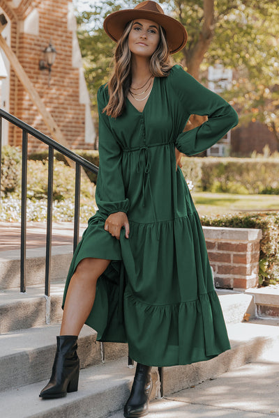 Solid Long Sleeve Button V-Neck Tiered Maxi Dress- 2 Colors