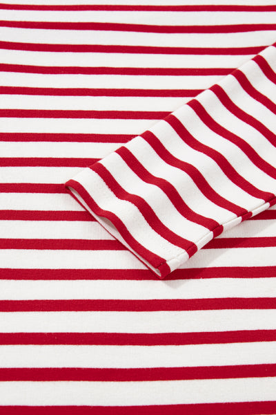 Red & White Striped Ruffle Shoulder Long Sleeve Top