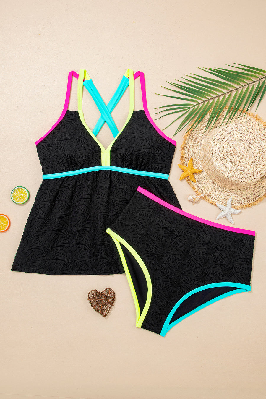 Black Floral Textured Neon Trim V-Neck Criss-Cross Tankini