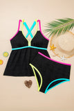 Black Floral Textured Neon Trim V-Neck Criss-Cross Tankini