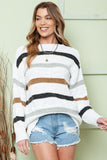 White Multi Striped Popcorn Drop Shoulder Pullover Sweater
